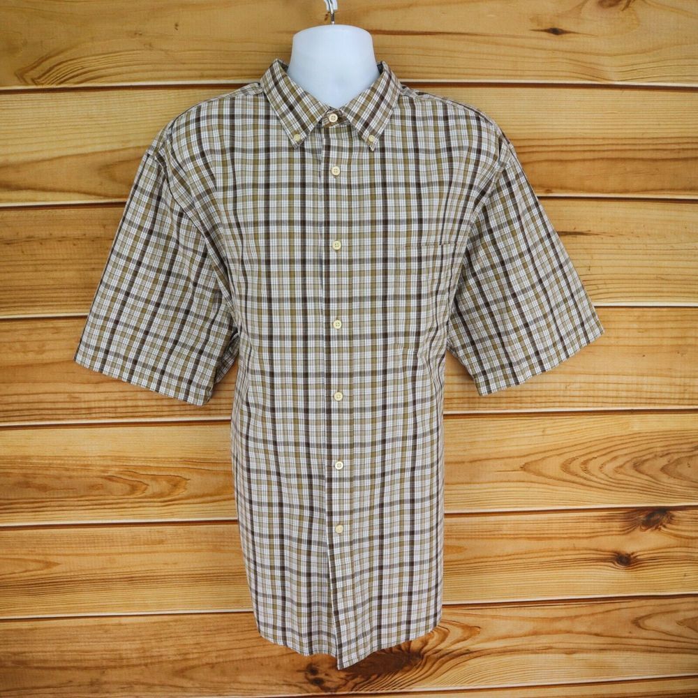 George Casual Button Down Shirt Short‎ Sleeves Mens Size 2XL Brown Plaid Cotton